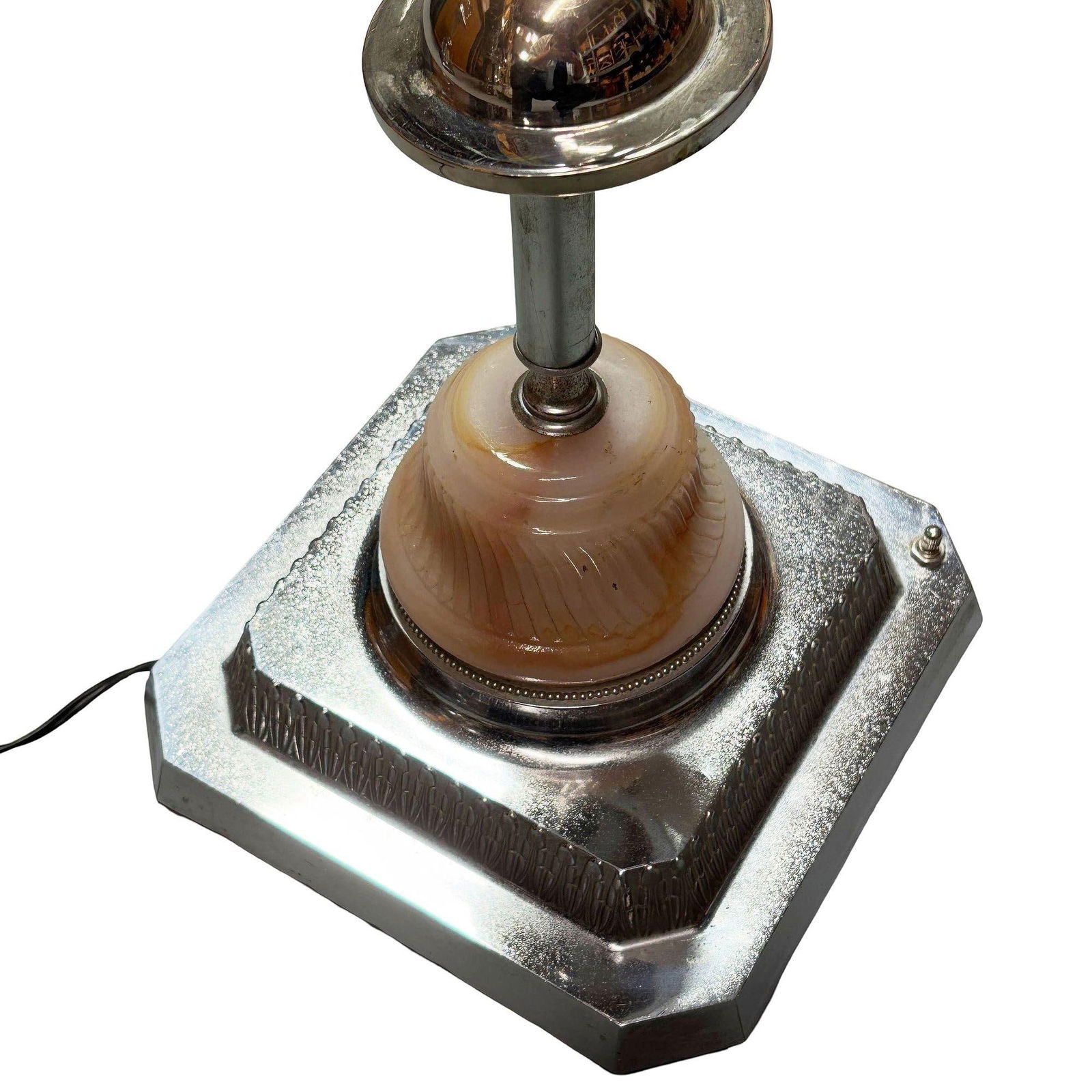 Light Up Chrome Streamline Art Deco Drink Side Glass Top Table w/ Art Glass Base - 20