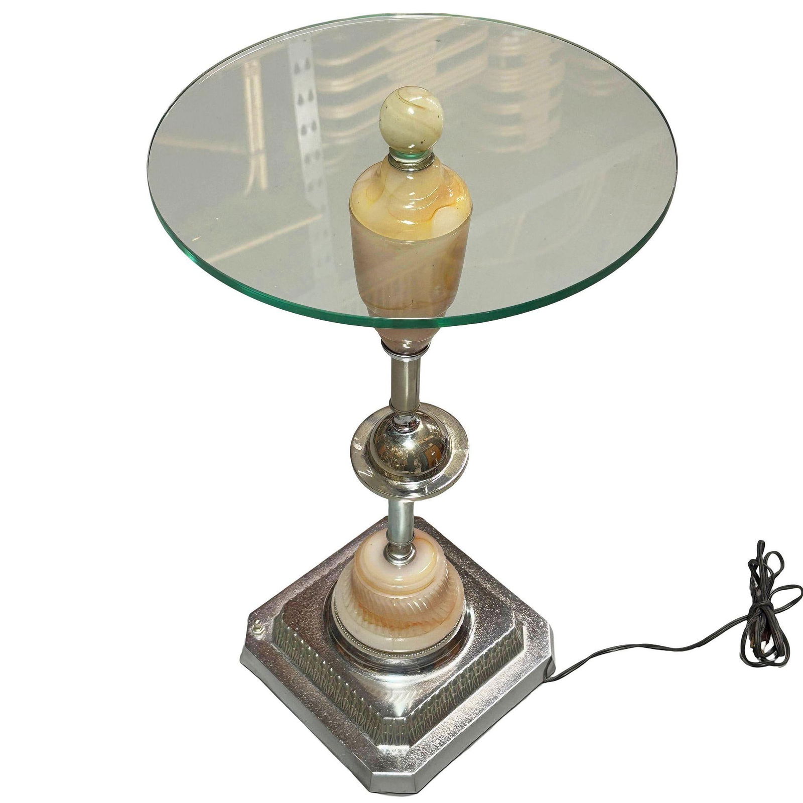 Light Up Chrome Streamline Art Deco Drink Side Glass Top Table w/ Art Glass Base - 9