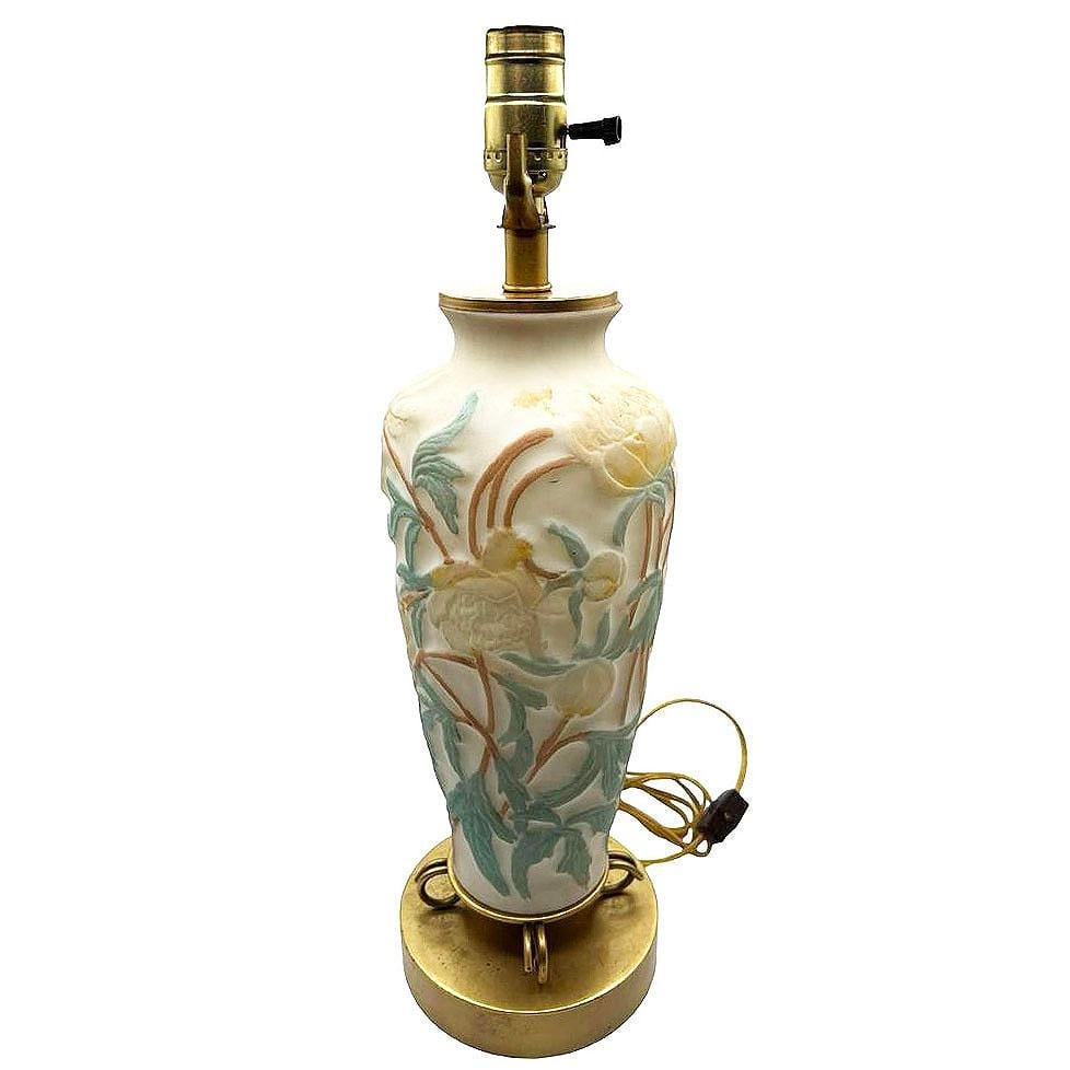 1926 Vintage Phoenix Consolidated Satin Glass Vase Lamp, Peonies w/ Leaves - 17