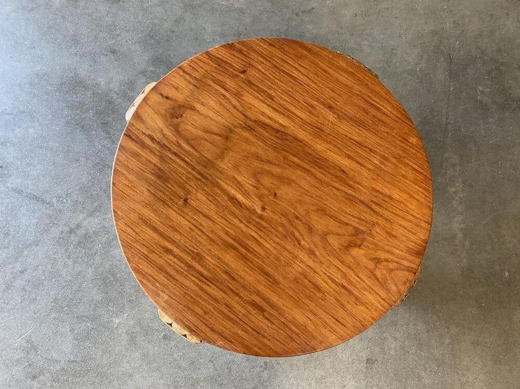 Restored Circular Rattan Side Coffee Table With Koa Wood Top - 6