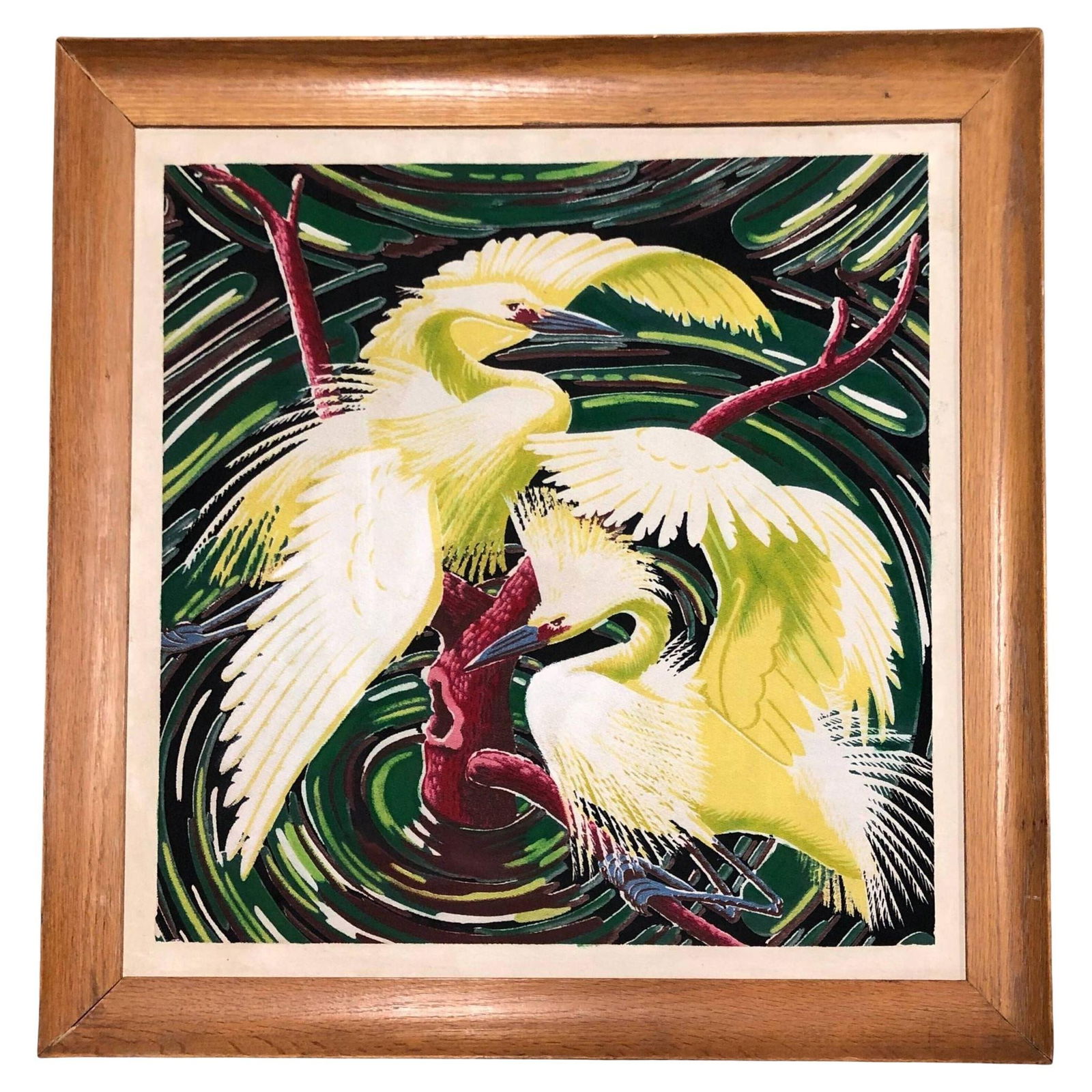 Restored Vintage 1949 Rattan Framed Crane Barkcloth Fabric Sample by Spectrum: Title: Restored Vintage 1949 Rattan Framed Crane Barkcloth Fabric Sample by Spectrum Description: This framed crane barkcloth fabric sample, produced by the Spectrum company around 1949, served as a