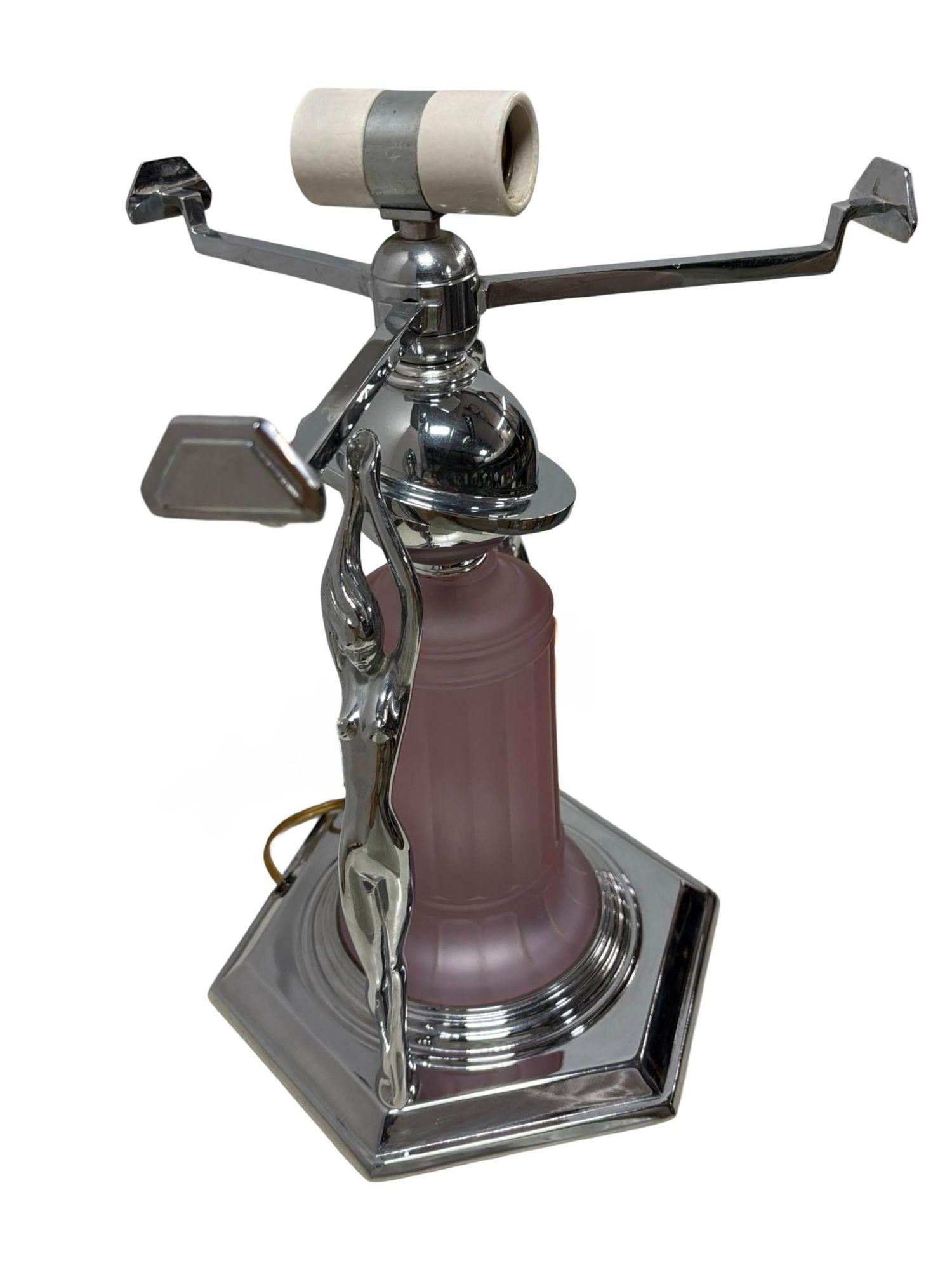 Frankart Era Art Deco Style Chrome Figural Lamp w/ Vivian Glass Shade - 11