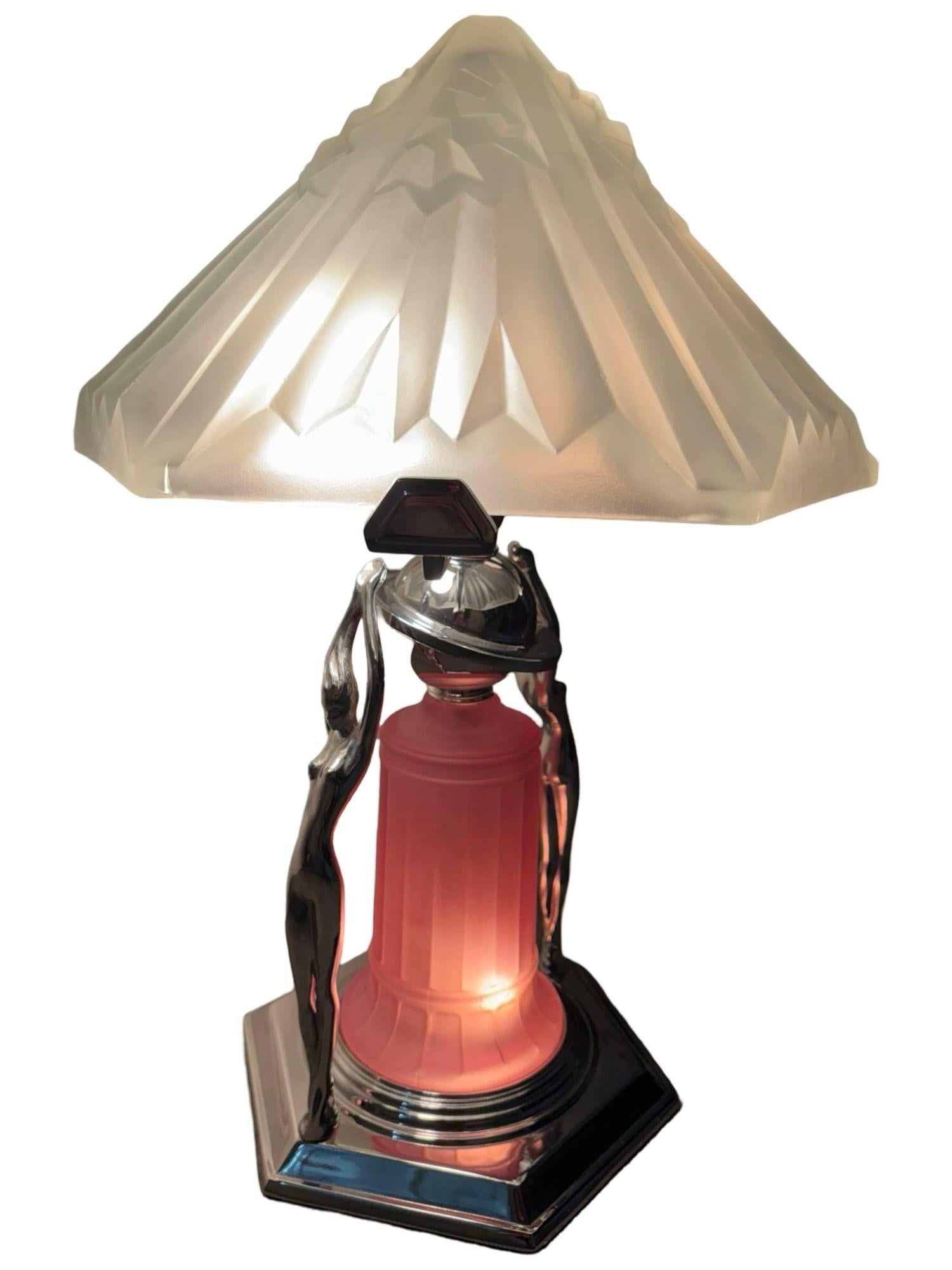 Frankart Era Art Deco Style Chrome Figural Lamp w/ Vivian Glass Shade - 14