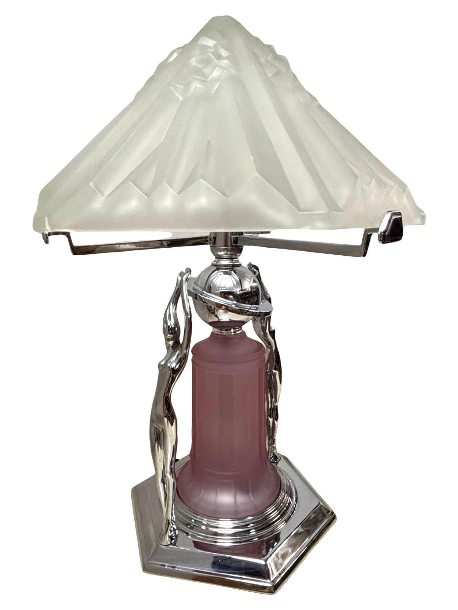 Frankart Era Art Deco Style Chrome Figural Lamp w/ Vivian Glass Shade - 20