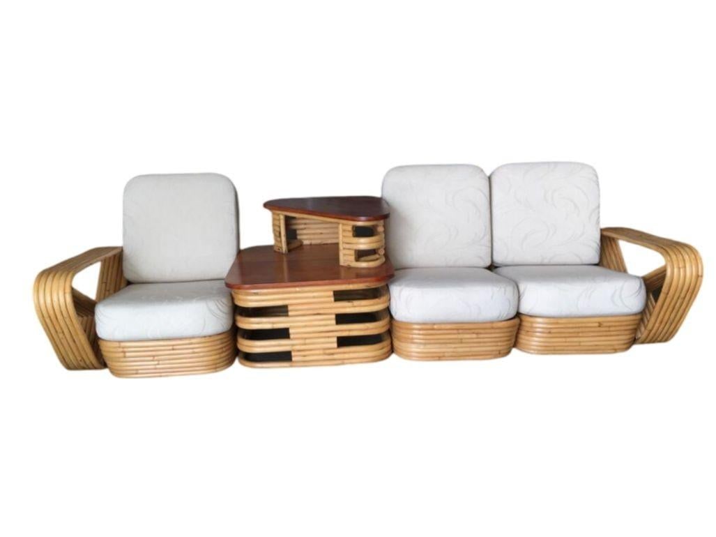 Restored MCM 6-Strand Square Pretzel 3 Seat Rattan Corner Sofa w/ Table: Title: Restored MCM 6-Strand Square Pretzel 3 Seat Rattan Corner Sofa w/ Table Description: This beautifully restored rattan blending style vintage charm with modern comfort. Rare Square Pretzel