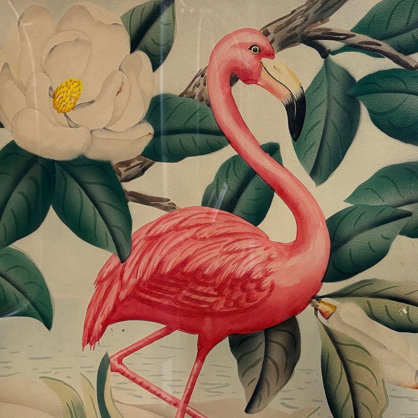 Pink Flamingo Watercolor Painting on Paper Signed by Shirrell Graves, Framed - 10