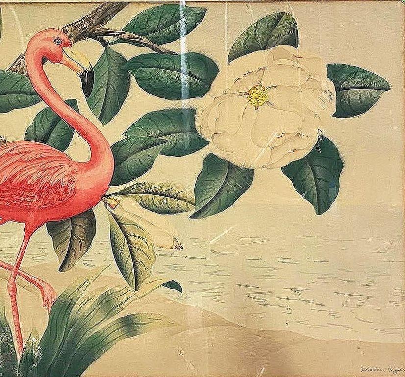 Pink Flamingo Watercolor Painting on Paper Signed by Shirrell Graves, Framed - 11