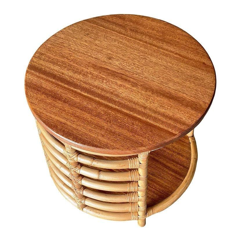 Restored Two-Tier Round Ladder Side Pole Rattan Side Table w/ Mahogany Top - 6