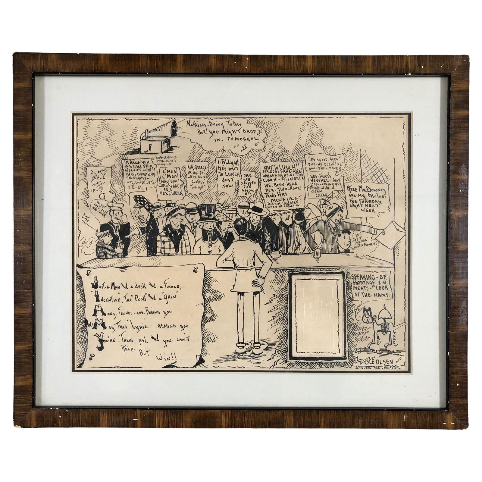 Vintage Framed Pen Drawn Cartoon by "Ole Olsen" from comedians "Olsen & Johnson": Title: Vintage Framed Pen Drawn Cartoon by "Ole Olsen" from comedians "Olsen & Johnson" Description: Vintage Framed Pen Drawn Cartoon by "Ole Olsen" from comedians "Olsen & Johnson". $ This original