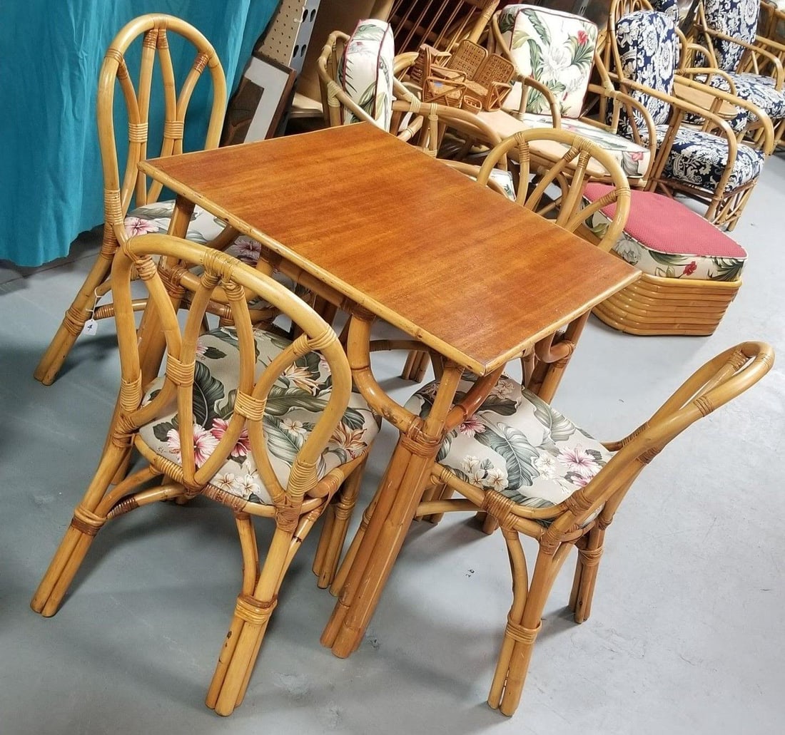 Restored Rattan 3-Strand "Hour Glass" Dining Table & Chairs Dining Set - 3