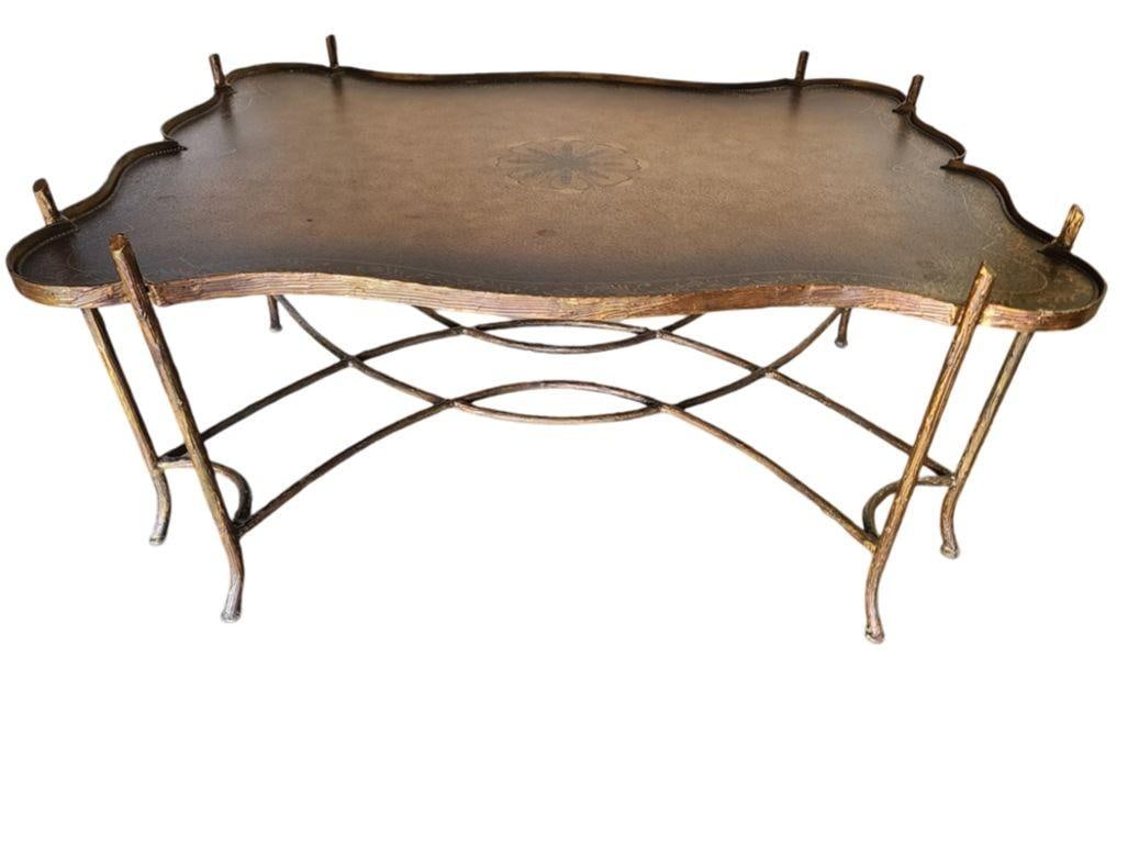 Maitland Smith Gilded Iron Faux Bois Tray Top Statement Tole Cocktail Table - 5