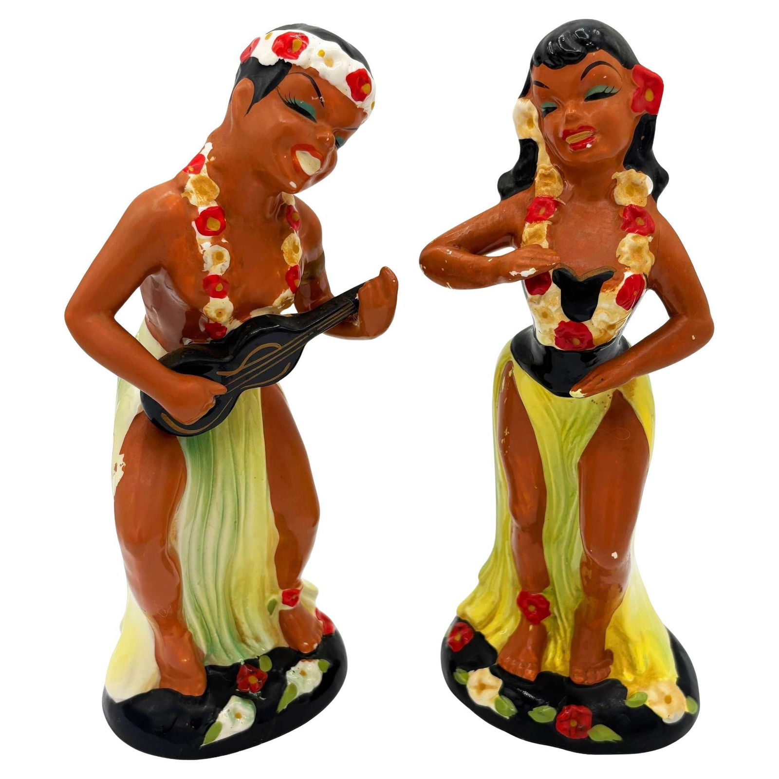 Hawaiian Hula Girl & Ukulele Player Ceramic Statue Set by Kreiss Company: Title: Hawaiian Hula Girl & Ukulele Player Ceramic Statue Set by Kreiss Company Description: Pair of Mid-century Ceramic Hand-Painted Hula Girl & Ukulele Boy sculptures by Kreiss Company. Each capture