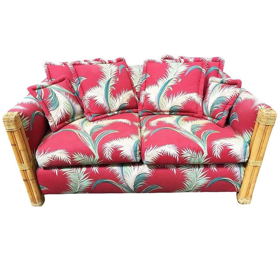 Restored "Big King" Plush Over Stuffed Rattan Settee Sofa W/ 4 Strand Arms, Pair - 17