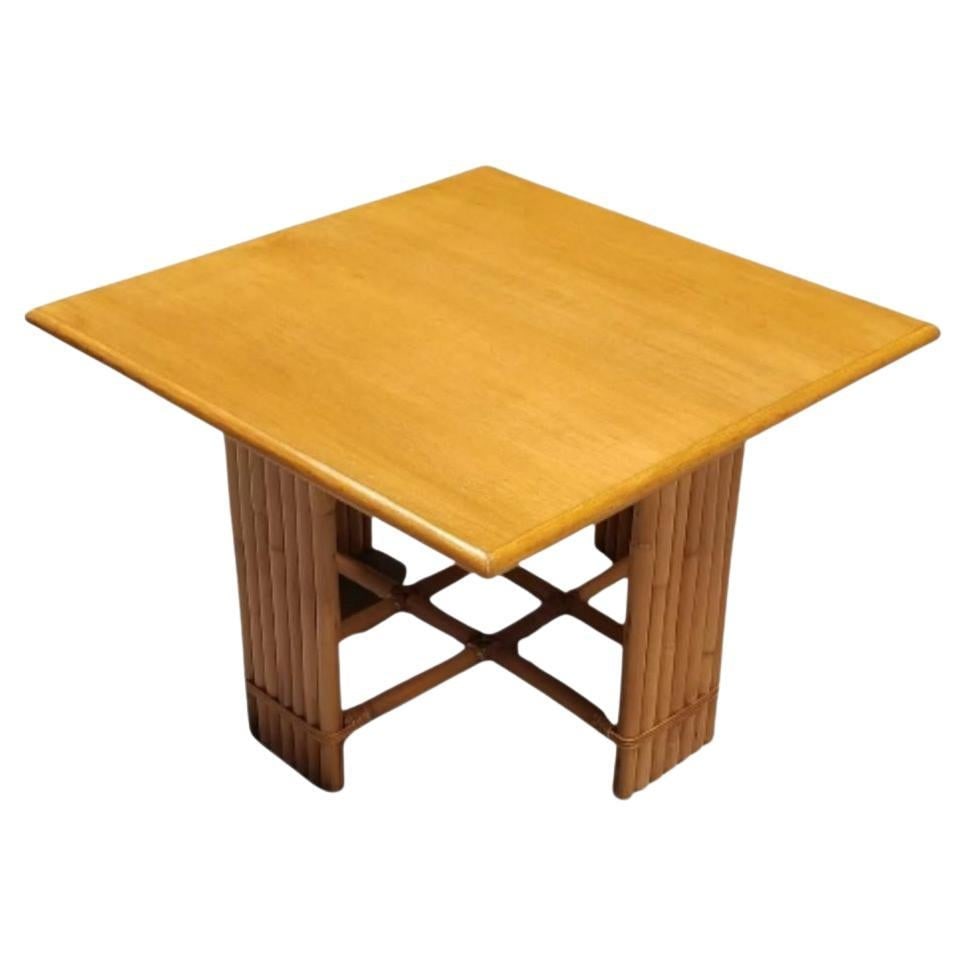 Restored 7 Strand Rattan Crossed Legs Square Coffee Table w/ Mahogany Top - 2