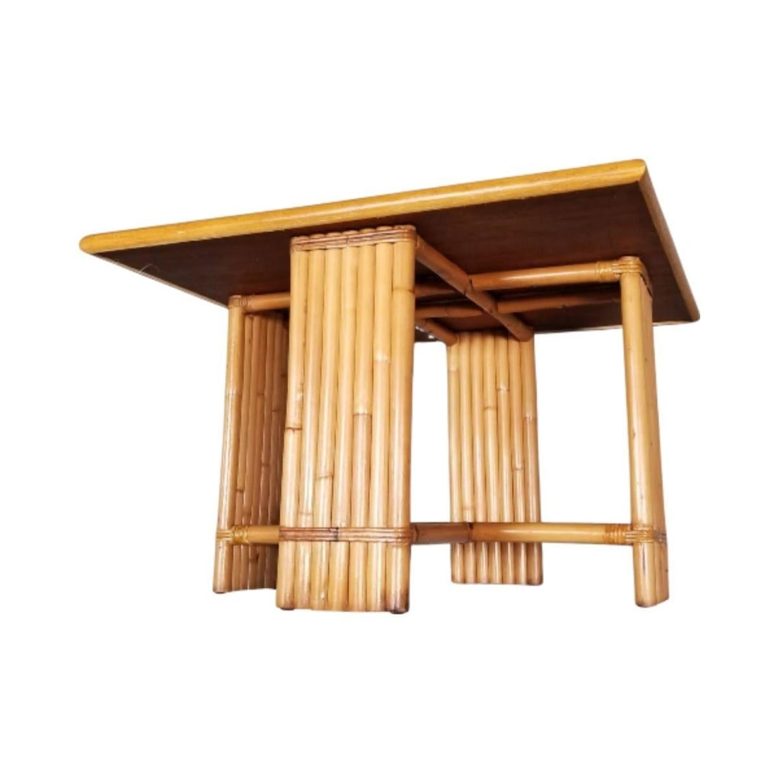 Restored 7 Strand Rattan Crossed Legs Square Coffee Table w/ Mahogany Top - 3