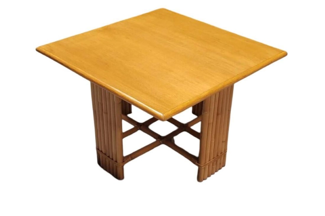 Restored 7 Strand Rattan Crossed Legs Square Coffee Table w/ Mahogany Top - 5