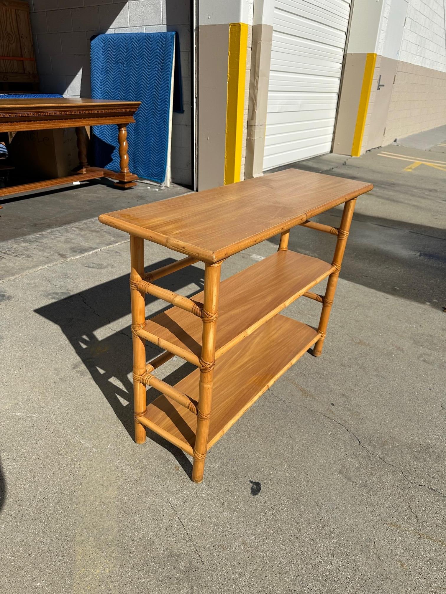 Post War Restored Mid-Century Rattan and Mahogany Bookcase Console Table - 4