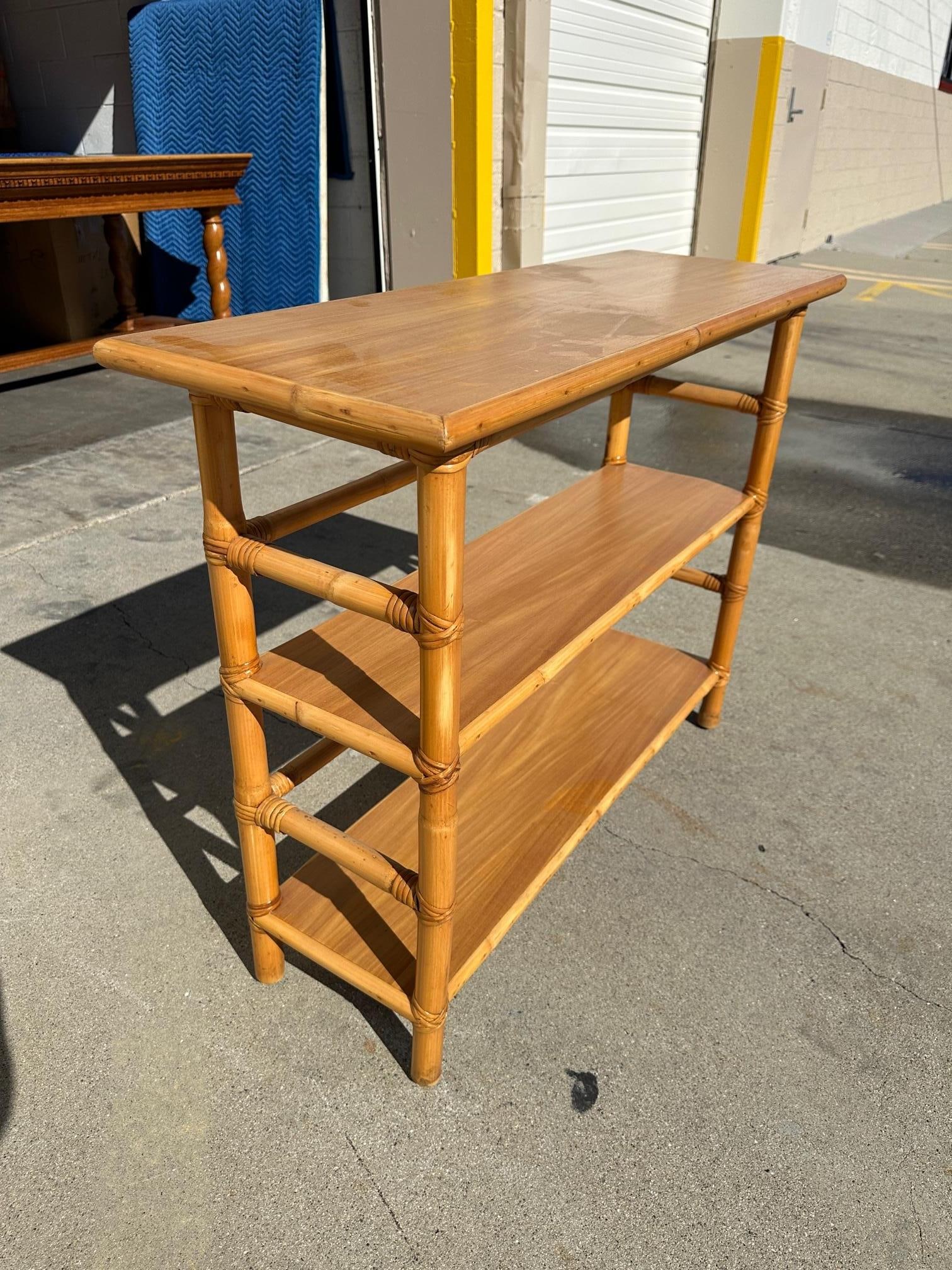Post War Restored Mid-Century Rattan and Mahogany Bookcase Console Table - 6