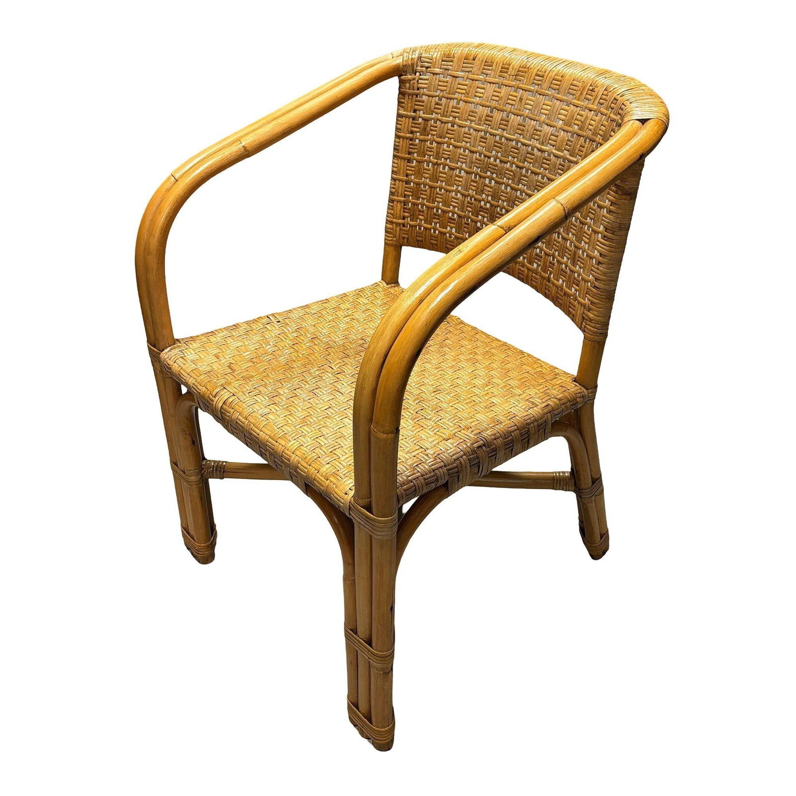 Restored Modern 2-Strand Rattan Armchair Dining Chair w/ Wicker Seat, Set of 4: Title: Restored Modern 2-Strand Rattan Armchair Dining Chair w/ Wicker Seat, Set of 4 Description: This beautifully restored Paul Frankl-inspired rattan armchairs features elegant two-strand transitio