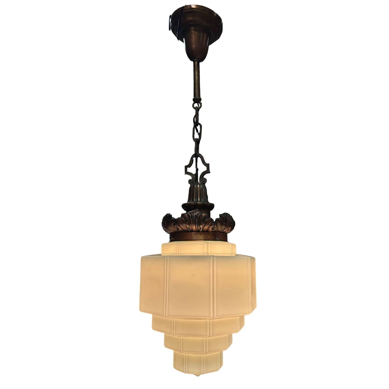 Art Deco Copper Acanthus Leaf Hanging Pendant Light w/ Stepped Milk Glass Shade - 18