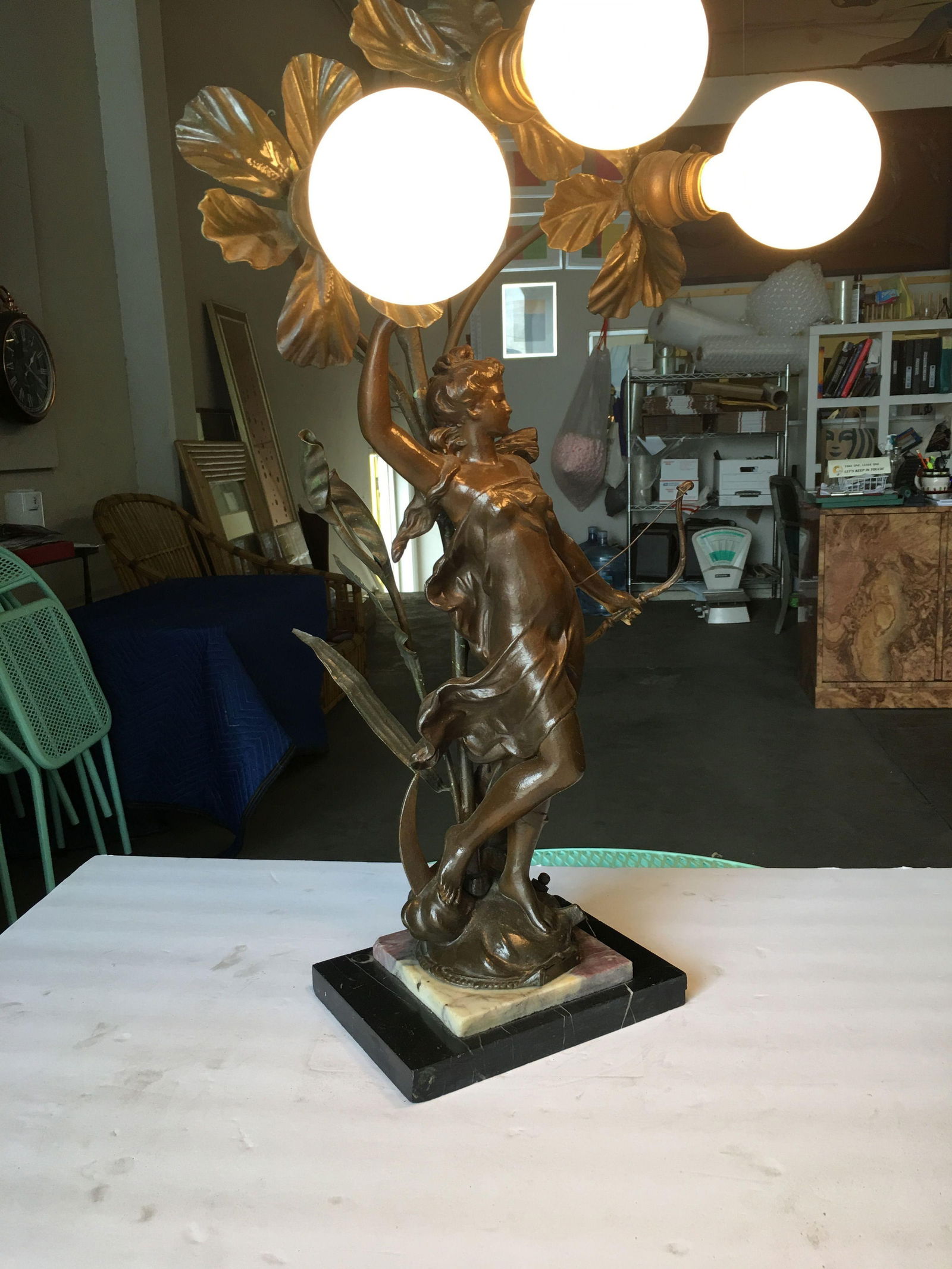Early Three Bulb Art Nouveau Figural Bronze and Marble Table Lamp - 2