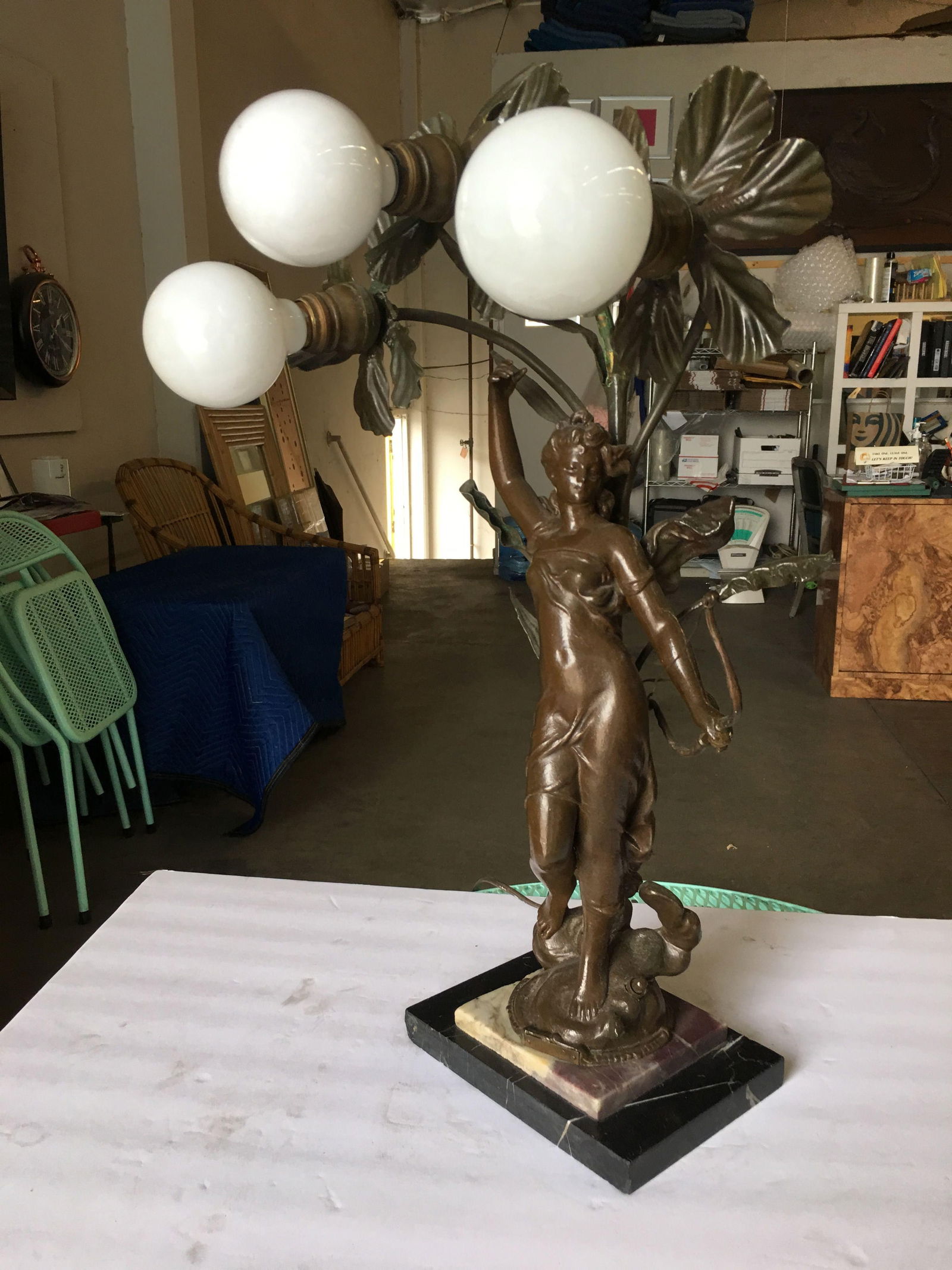 Early Three Bulb Art Nouveau Figural Bronze and Marble Table Lamp - 4