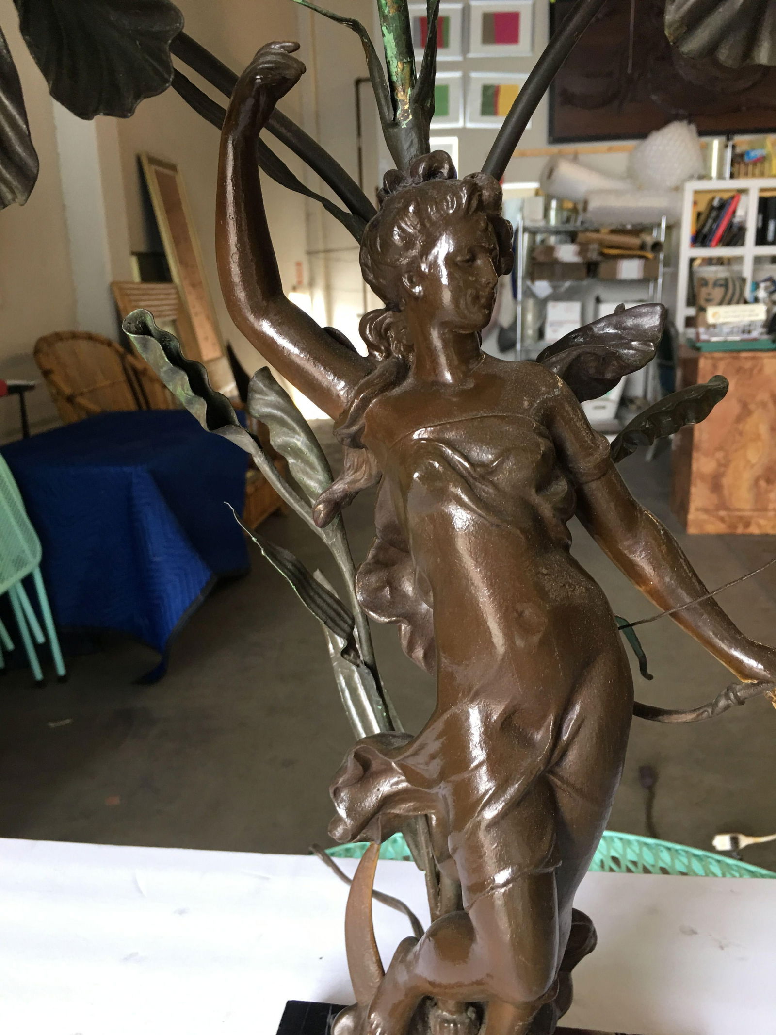 Early Three Bulb Art Nouveau Figural Bronze and Marble Table Lamp - 5