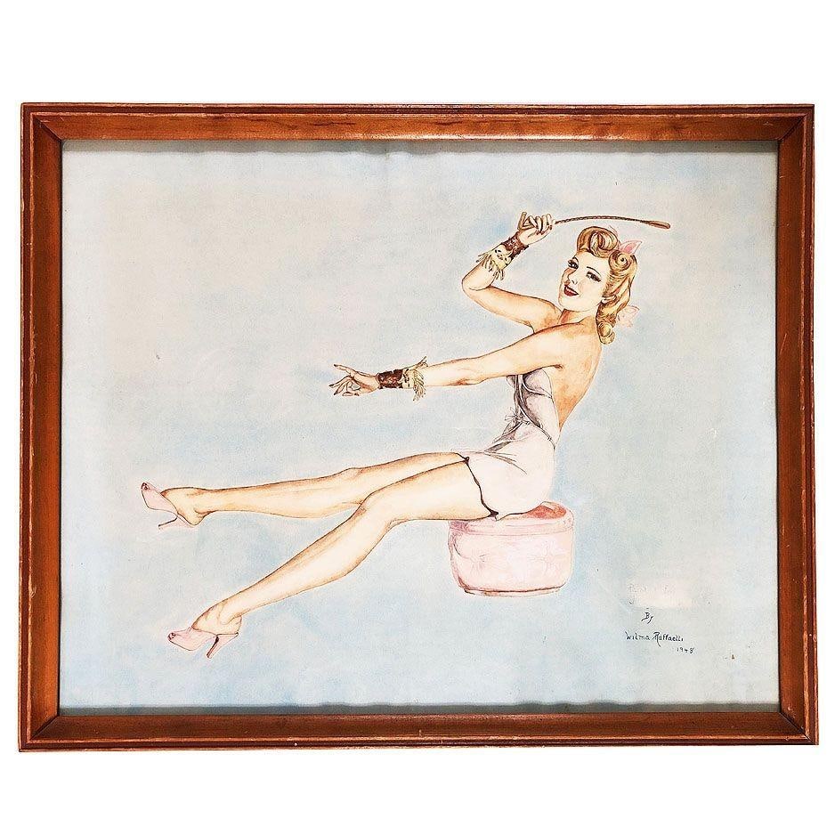 Lady on Ottoman Wood Framed Pinup Painting by Wilma Raffaelli, 1948. - 4