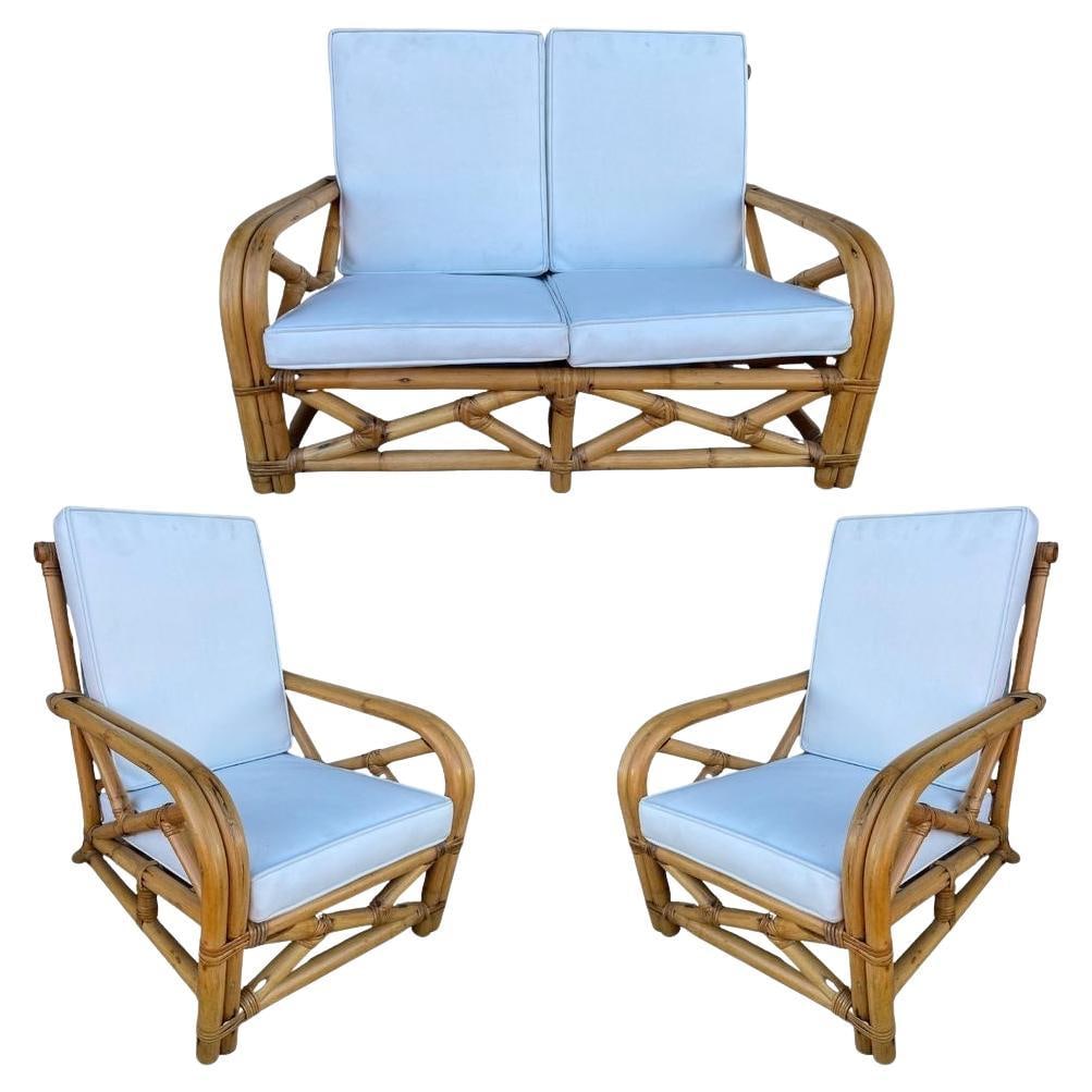 Restored Child Size "1949er" Two-Strand Rattan Sofa & Lounge Chair Set: Title: Restored Child Size "1949er" Two-Strand Rattan Sofa & Lounge Chair Set Description: Set of rare Paul Frankl inspired child-size "1949er" two-strand rattan living-room set including a pair of lo