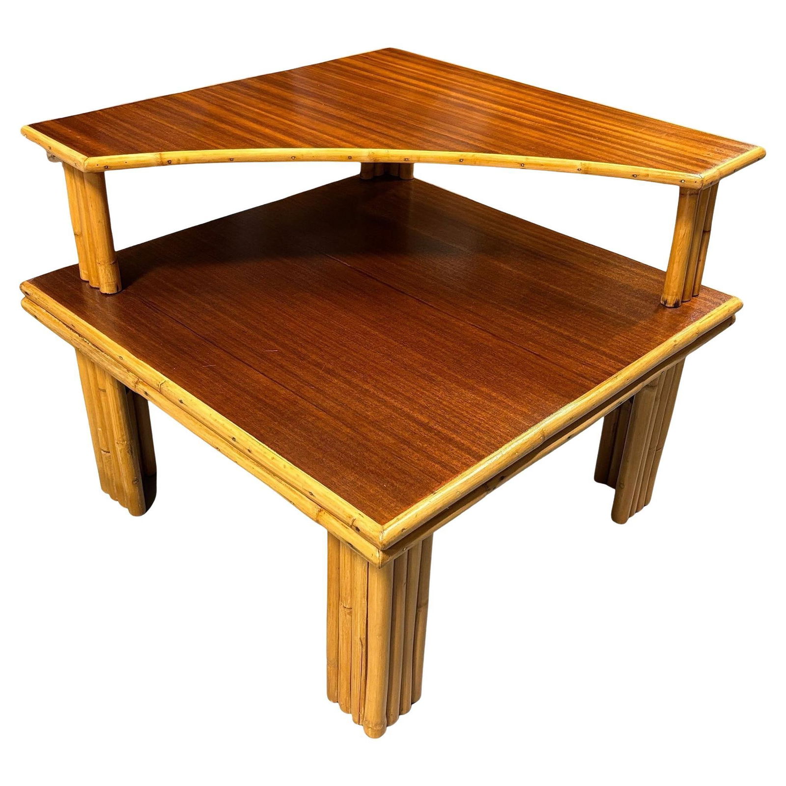 Restored Mid-century Stacked Rattan & Mahogany Two-Tiered Corner Side Table - 2