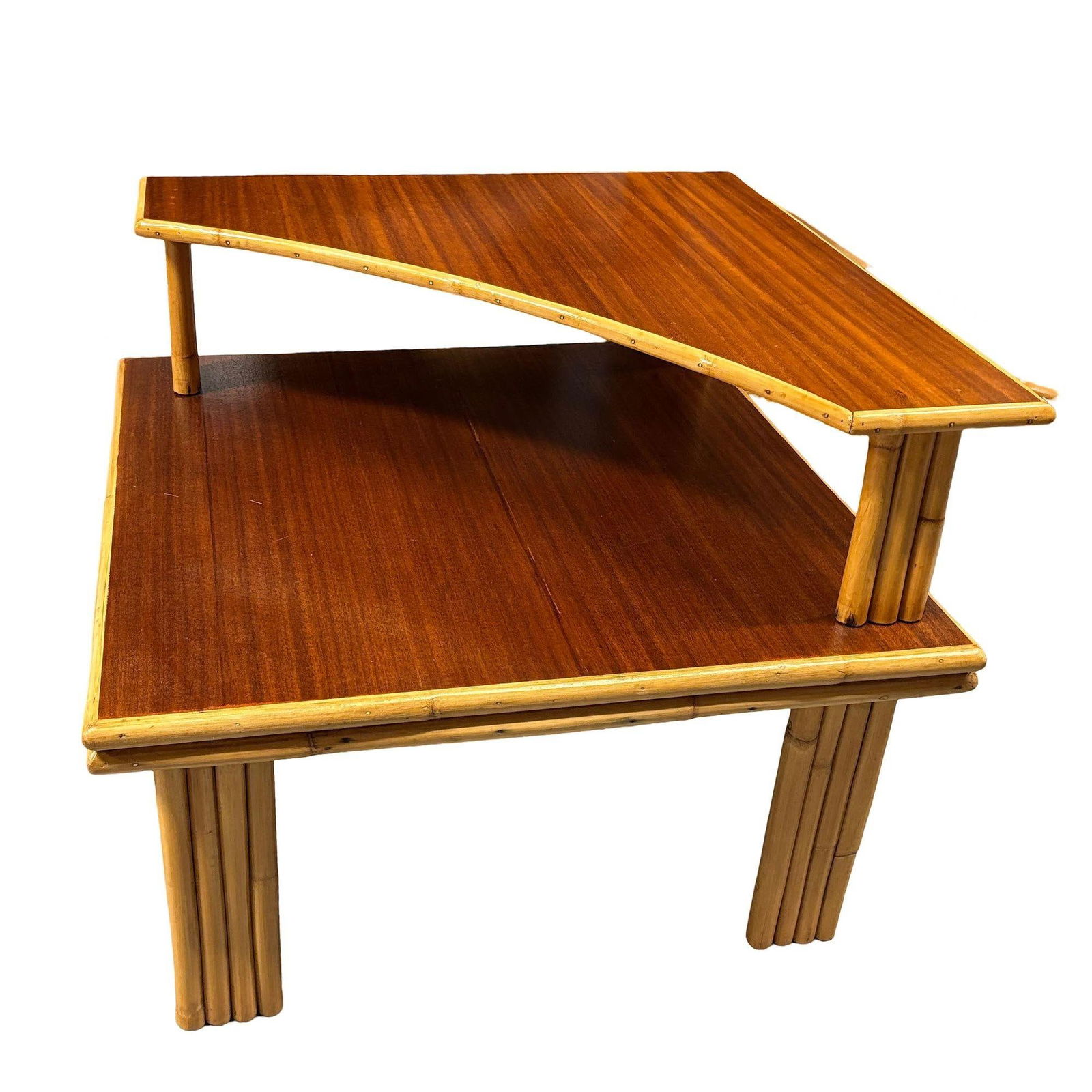 Restored Mid-century Stacked Rattan & Mahogany Two-Tiered Corner Side Table - 3