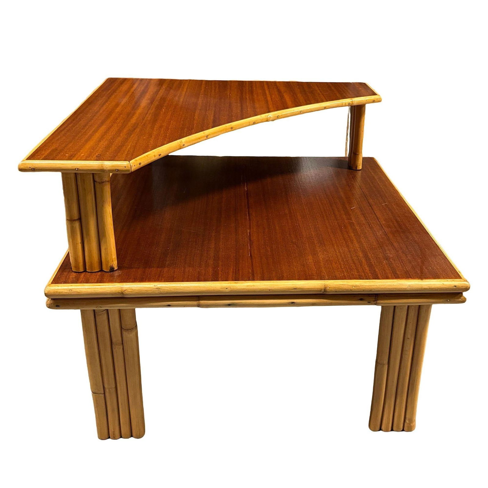 Restored Mid-century Stacked Rattan & Mahogany Two-Tiered Corner Side Table - 4