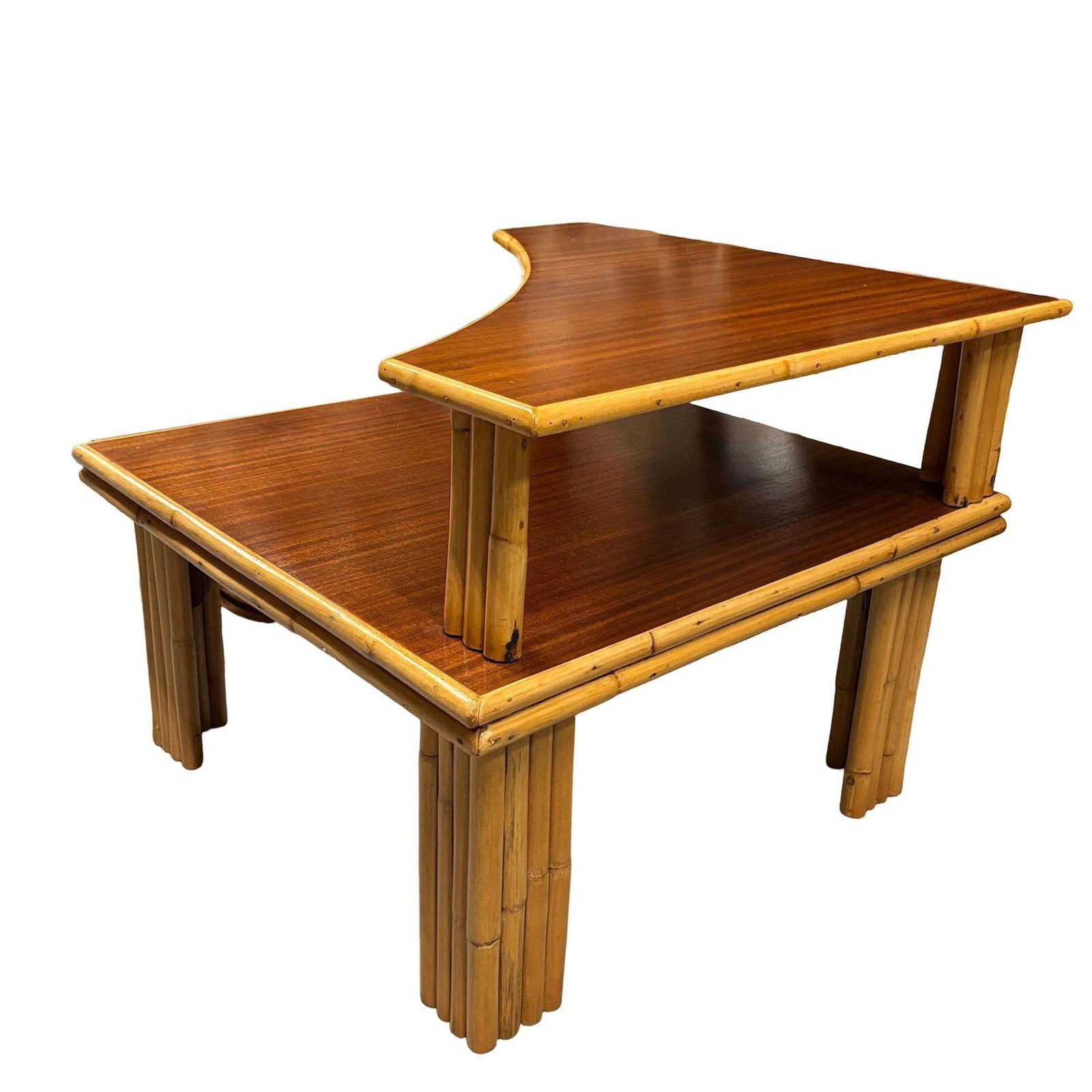 Restored Mid-century Stacked Rattan & Mahogany Two-Tiered Corner Side Table - 5