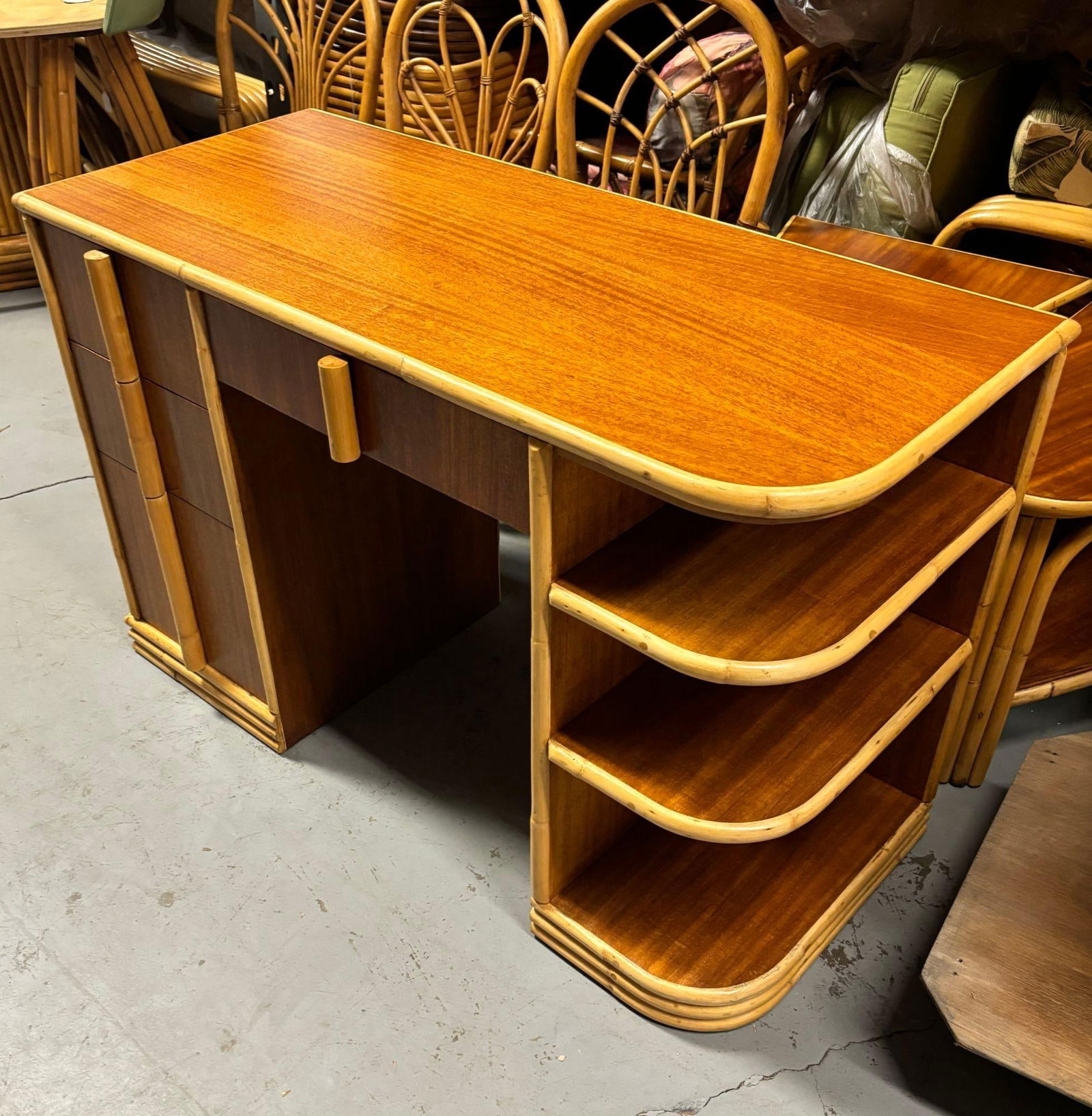 Streamline Mahogany and Rattan Writing Desk with Rattan Pulls & Shelf - 2