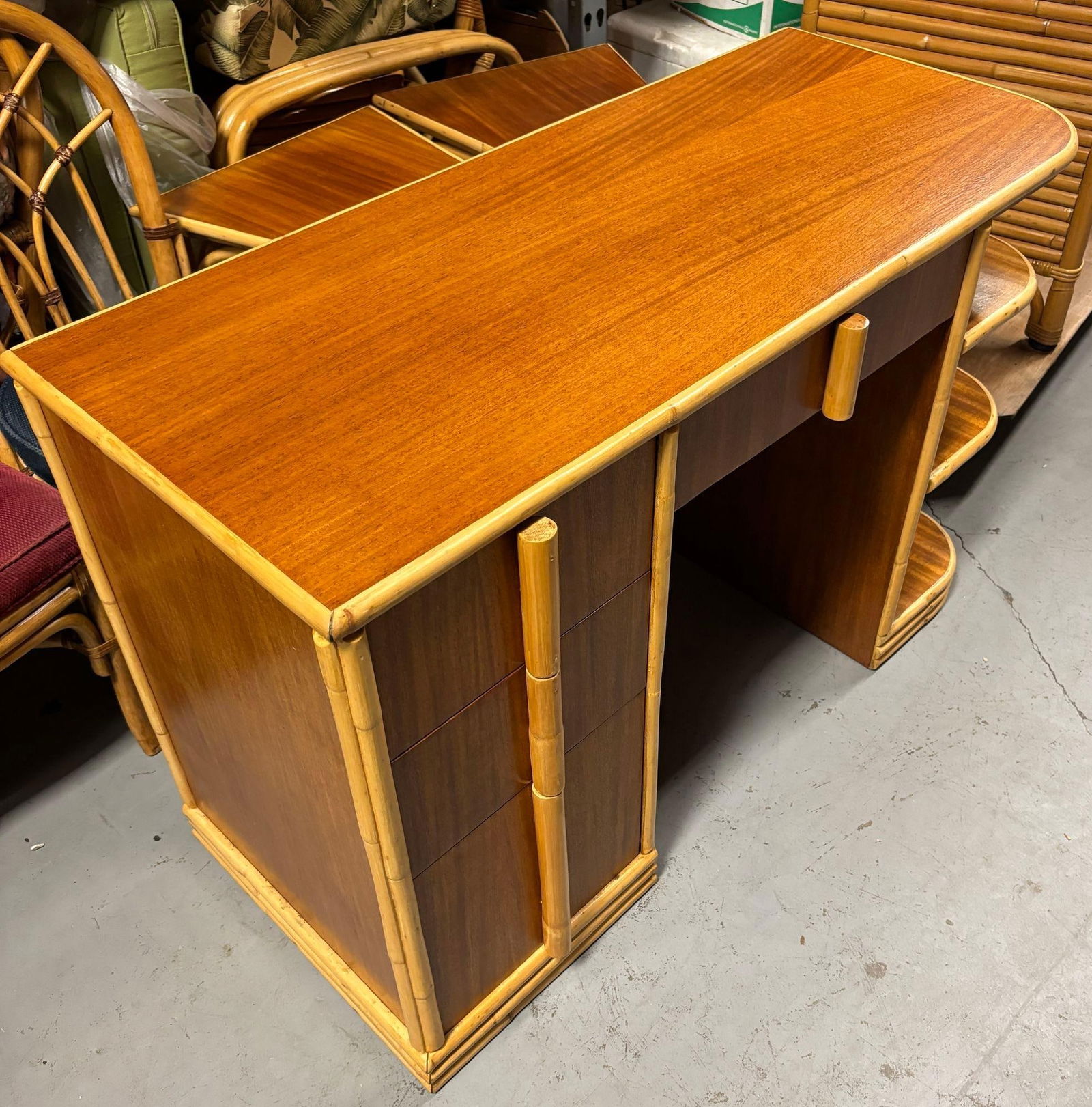 Streamline Mahogany and Rattan Writing Desk with Rattan Pulls & Shelf - 3
