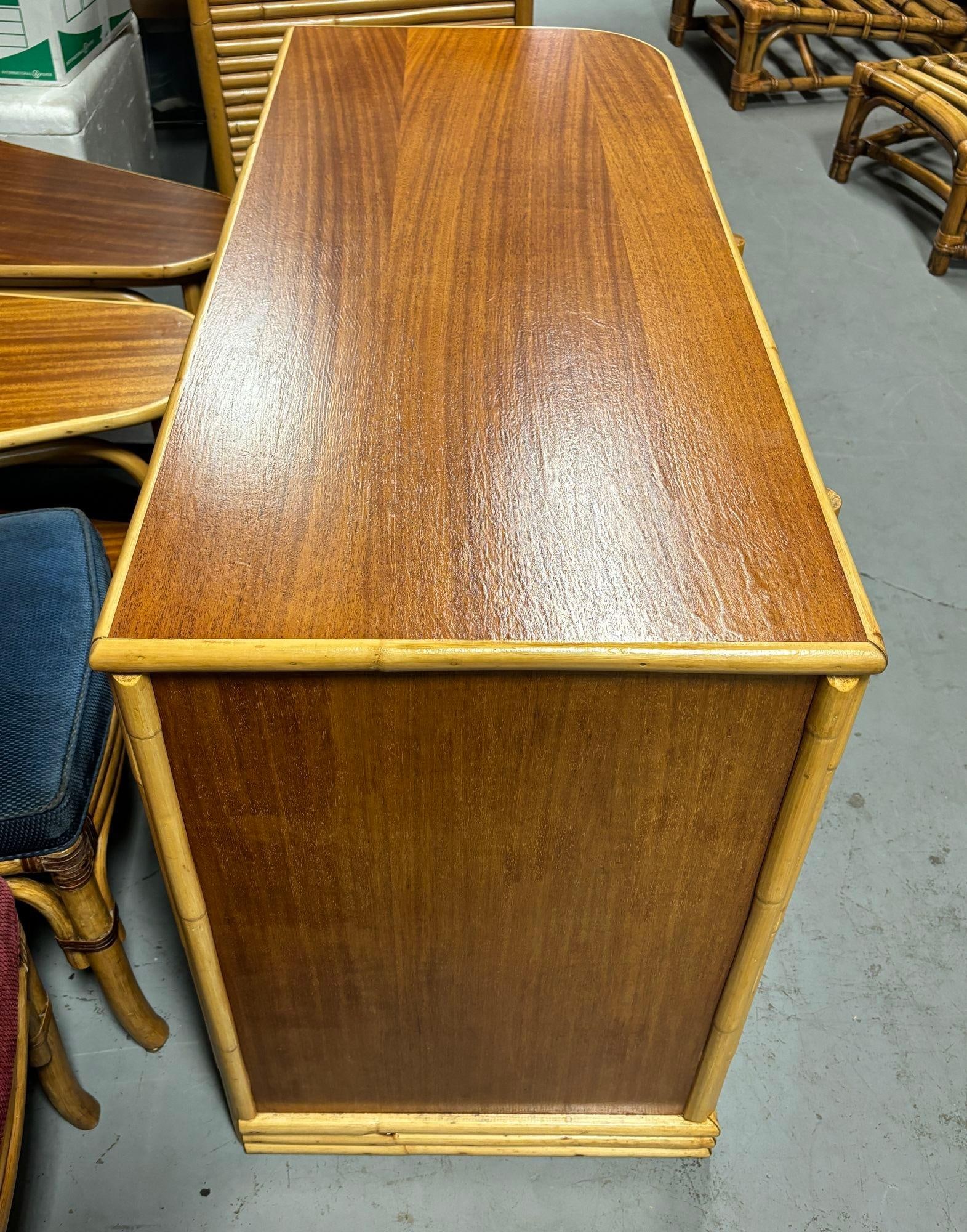 Streamline Mahogany and Rattan Writing Desk with Rattan Pulls & Shelf - 6