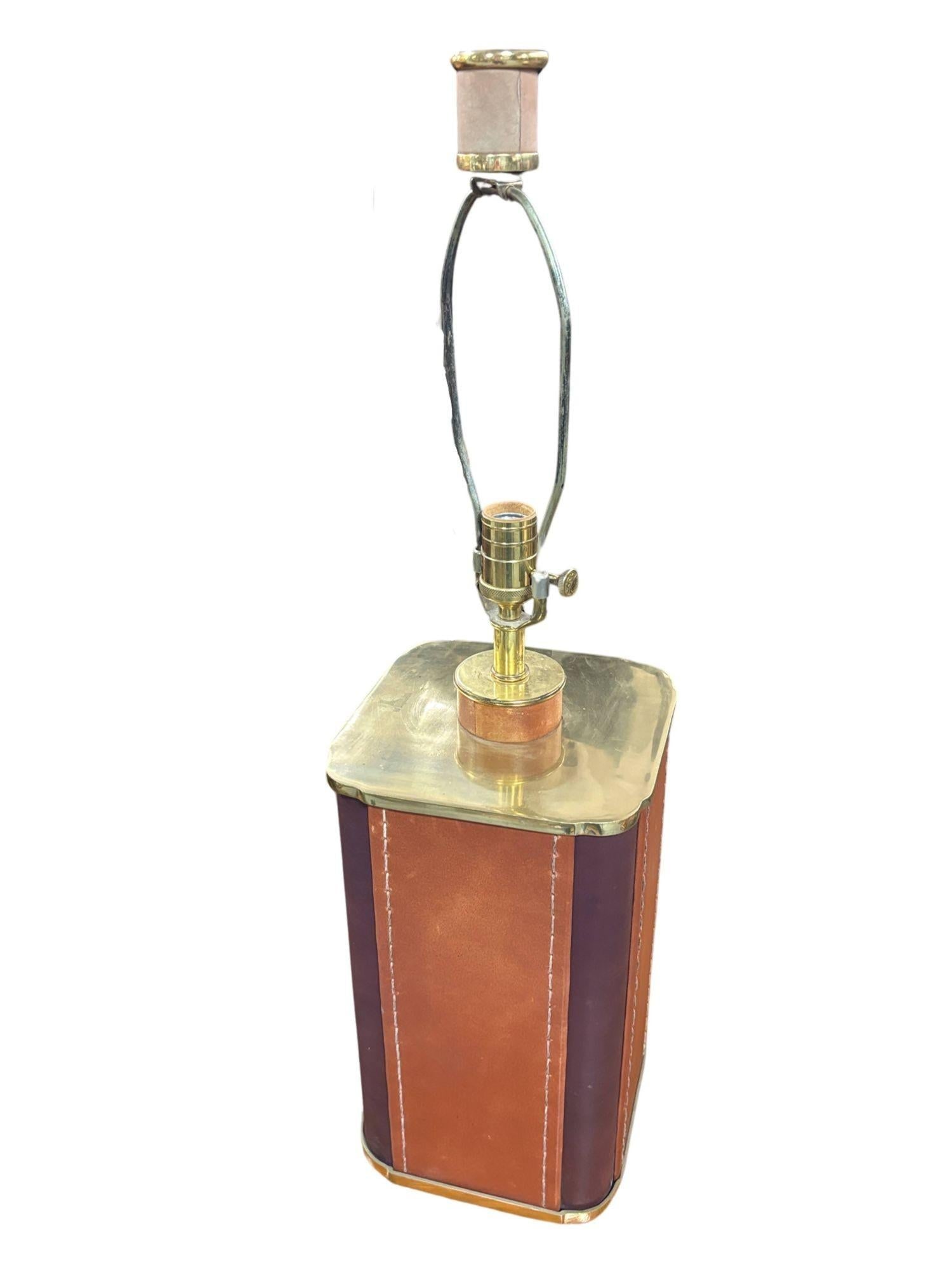 Two-Toned Square Leather Wrapped Table Lamp with Gold Trim - 11