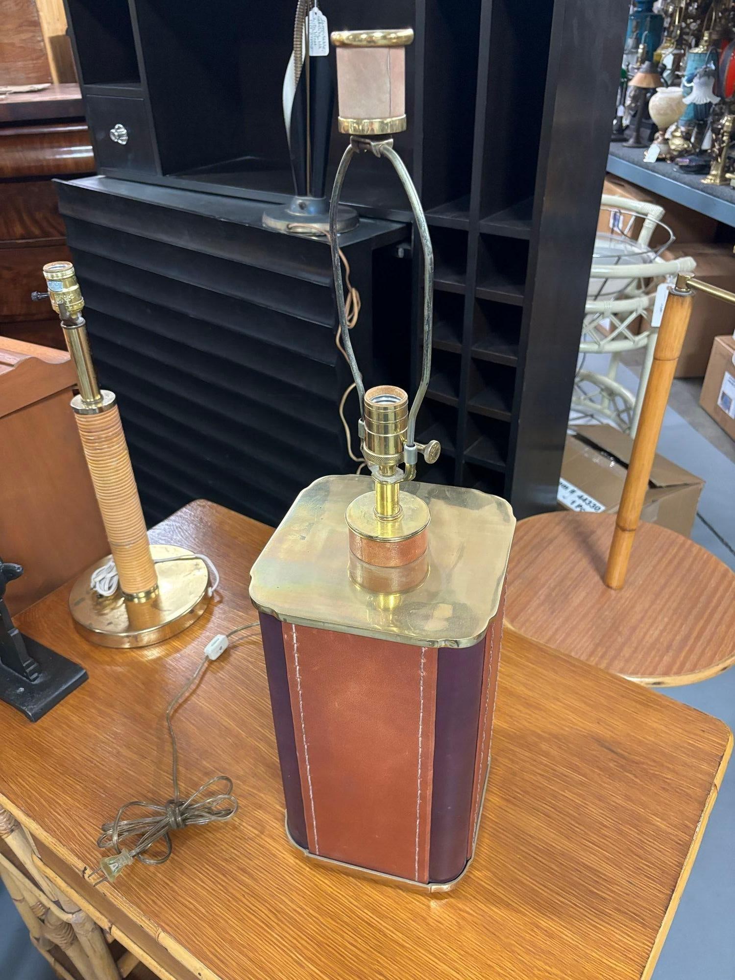 Two-Toned Square Leather Wrapped Table Lamp with Gold Trim - 2