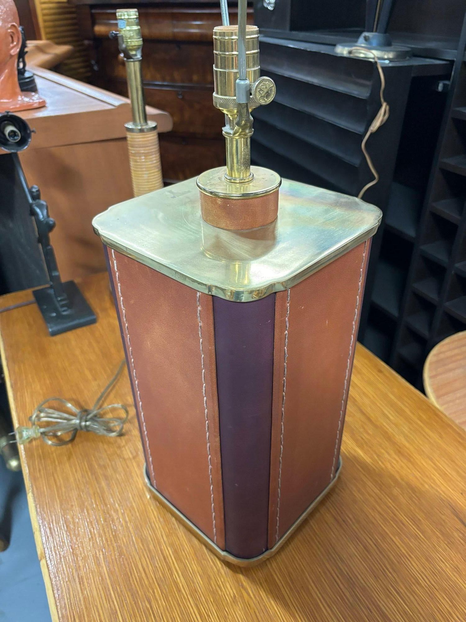 Two-Toned Square Leather Wrapped Table Lamp with Gold Trim - 4