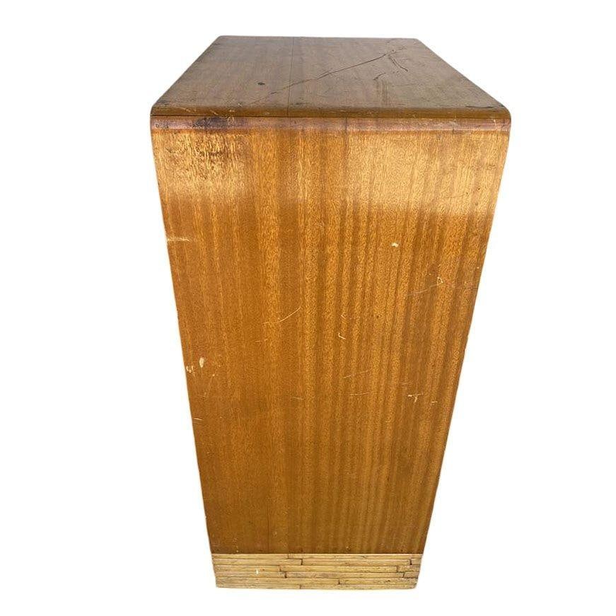Restored Mid-century Waterfall Highboy Mahogany Dresser W/ Stacked Rattan Base: Title: Restored Mid-century Waterfall Highboy Mahogany Dresser W/ Stacked Rattan Base Description: This beautifully restored Paul Frankl Inspired Bespoke rattan & mahogany highboy dresser. The