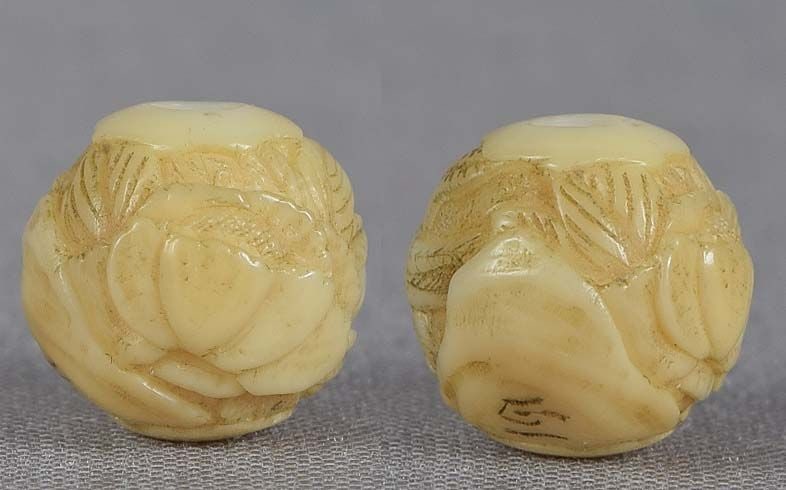 19c marine ojime netsuke slide BIRD flower rock by GYOKUICHI - 3