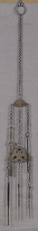 19c Tibetan / Chinese silver CHATELAINE: Late Qing Dynasty (late 19th century) Tibetan / Chinese silver chatelaine to be worn on a belt, with five suspended items for personal grooming including an ear pick, stylized sword and halberd and