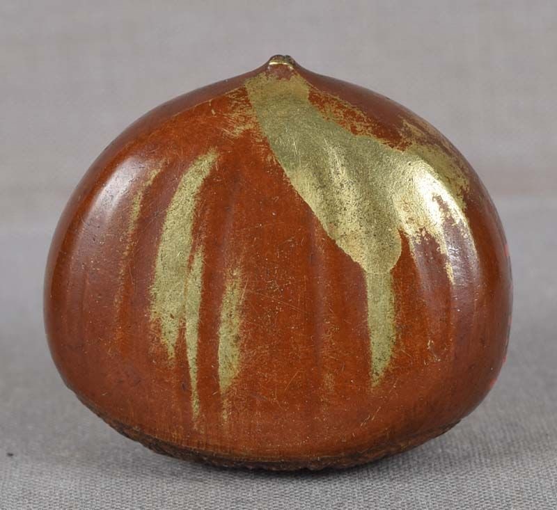19c Japanese bronze SCROLL WEIGHT CHESTNUT: Rather unusual 19th century Japanese bronze scroll weight in a form of a chestnut. Clever design in Japanese taste, superb naturalistic modeling (see perfectly worked texture of the bottom),