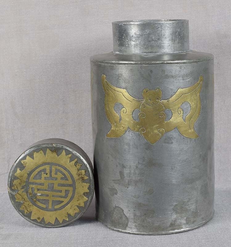 18c Chinese pewter TEA CADDY inlaid BATS long life hallmarked - 2