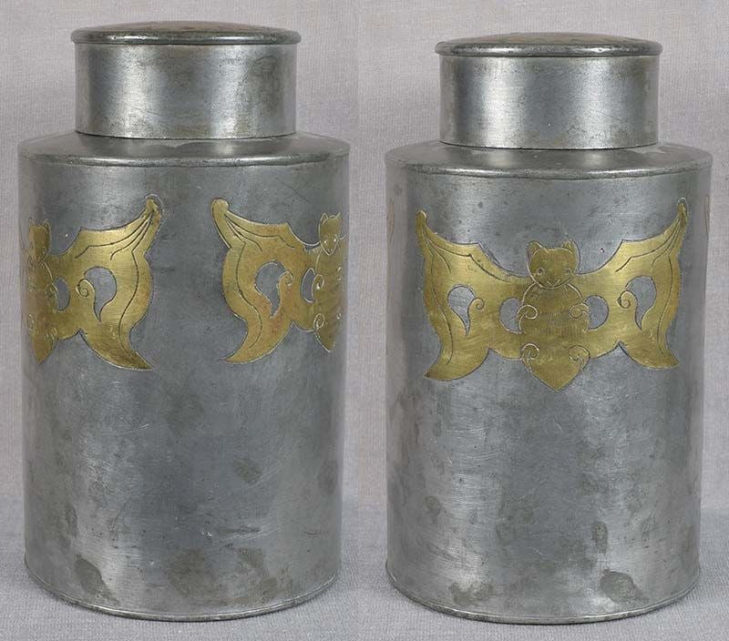 18c Chinese pewter TEA CADDY inlaid BATS long life hallmarked - 3
