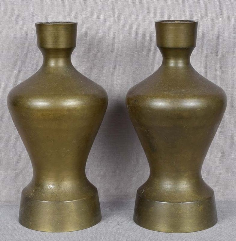 Pair of 19c Japanese bronze ALTAR VASES: Pair of 19th century Japanese bronze vases of a kind used on top of an altar for holding incense sticks. Elegant shape with broad shoulders and splayed mouth and foot. Pleasantly heavy, wonderful