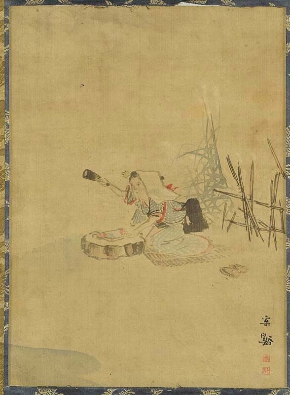 19c Japanese scroll painting BEATING CLOTH by SOTANI: 19th century Japanese scroll in ink and colors on silk depicting a woman beating a piece of clothing with a mallet by an old bamboo fence. Beautiful work perfectly capturing the essence of the scene,