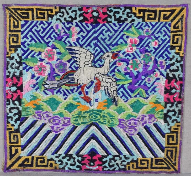 19c Chinese textile 5th RANK BADGE mandarin square: 19th century Chinese textile rank badge (also called mandarin square) denoting the fifth civil rank symbolized by the bird on the badge - the Silver Pheasant. The badge is made for the front of an