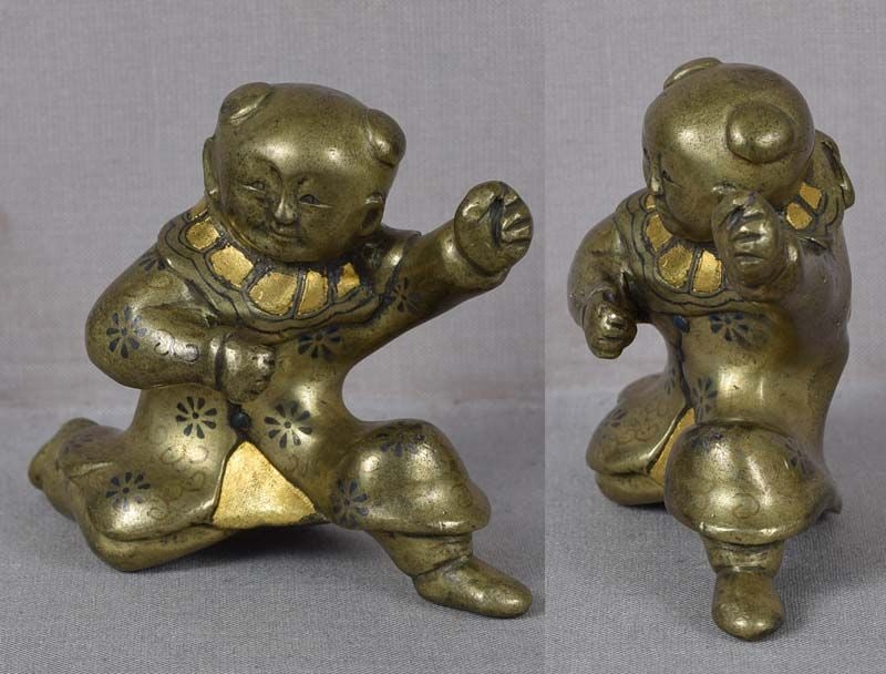 19c Japanese mixed metal SCROLL WEIGHT Chinese boy - 2