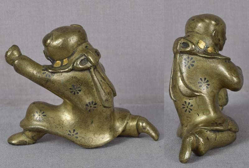 19c Japanese mixed metal SCROLL WEIGHT Chinese boy - 3